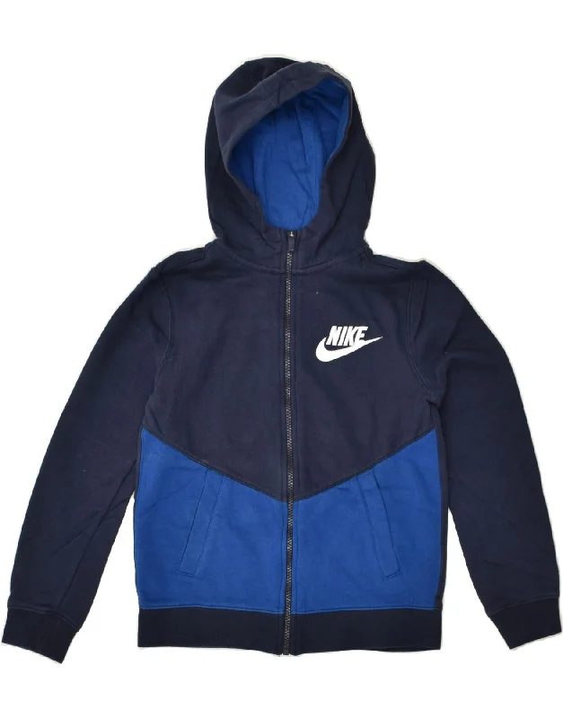 men's outdoor sweaters -NIKE Boys Zip Hoodie Sweater 10-11 Years Medium Navy Blue Colourblock