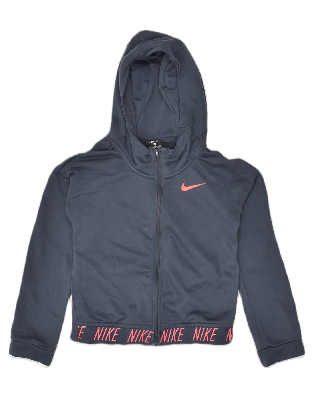 men's breathable wool sweaters -NIKE Girls Dri Fit Graphic Zip Hoodie Sweater 10-11 Years Medium Navy Blue