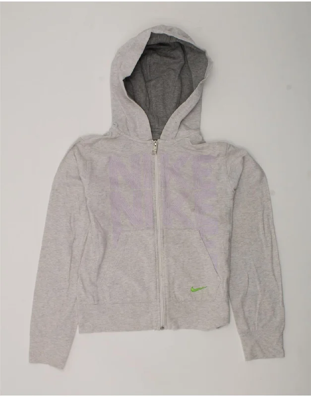 men's high-neck sweaters -NIKE Girls Graphic Zip Hoodie Sweater 10-11 Years Medium Grey Cotton