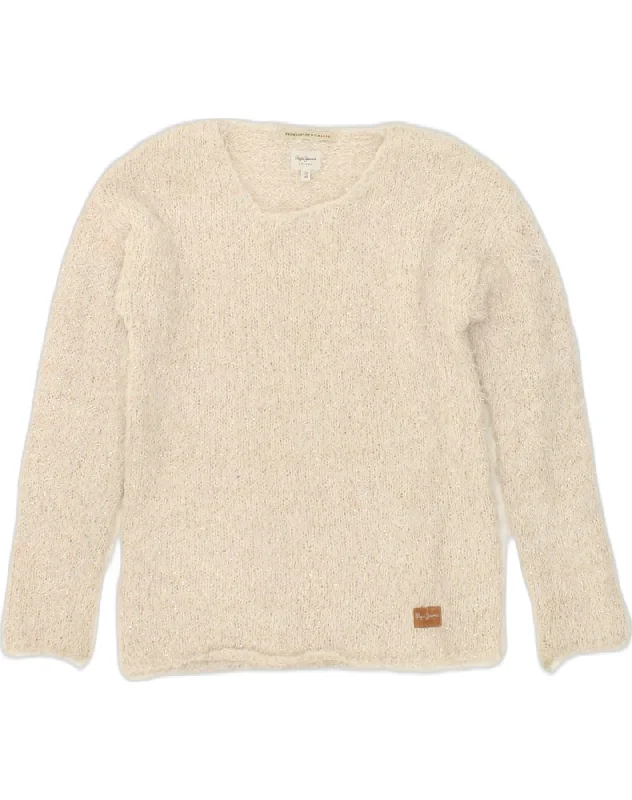 men's breathable cotton sweaters -PEPE JEANS Girls Crew Neck Jumper Sweater 9-10 Years Beige Flecked Cotton