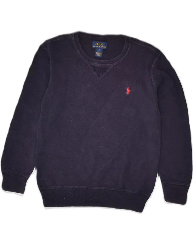 men's performance sweaters -POLO RALPH LAUREN Boys Crew Neck Jumper Sweater 6-7 Years Navy Blue Cotton