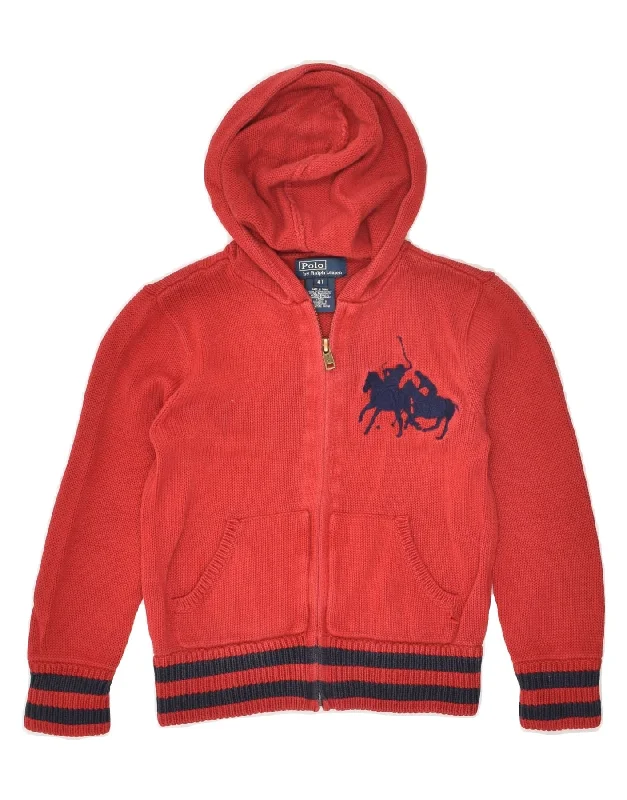 men's breathable sweaters -POLO RALPH LAUREN Boys Hooded Cardigan Sweater 3-4 Years Red Cotton