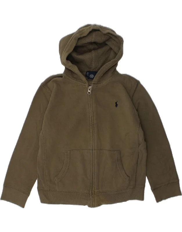 men's breathable cotton sweaters -POLO RALPH LAUREN Boys Zip Hoodie Sweater 5-6 Years Khaki Cotton