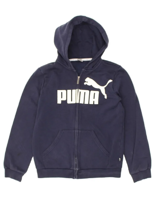 men's luxurious sweaters -PUMA Boys Graphic Zip Hoodie Sweater 13-14 Years Navy Blue Polyester