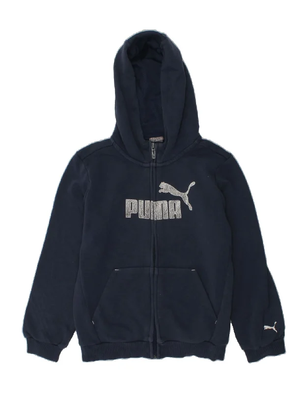 men's v-neck sweaters -PUMA Boys Graphic Zip Hoodie Sweater 7-8 Years Navy Blue Cotton