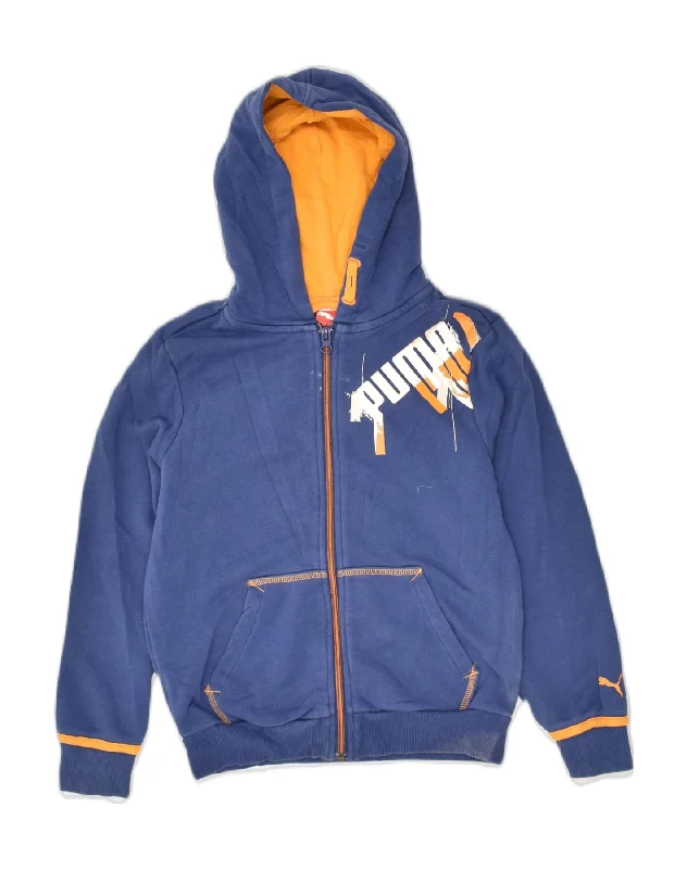 men's outdoor sweaters -PUMA Boys Graphic Zip Hoodie Sweater  9-10 Years Blue Cotton