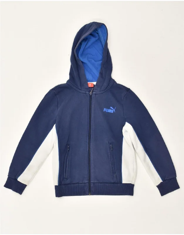 men's casual sweaters -PUMA Boys Zip Hoodie Sweater 9-10 Years Navy Blue Colourblock Cotton