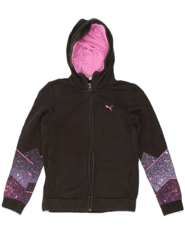 men's stylish turtleneck sweaters -PUMA Girls Graphic Zip Hoodie Sweater 11-12 Years Black Spotted Cotton