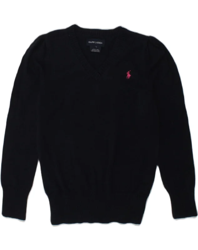 men's sweater for office -RALPH LAUREN Girls V-Neck Jumper Sweater 5-6 Years Navy Blue Cotton