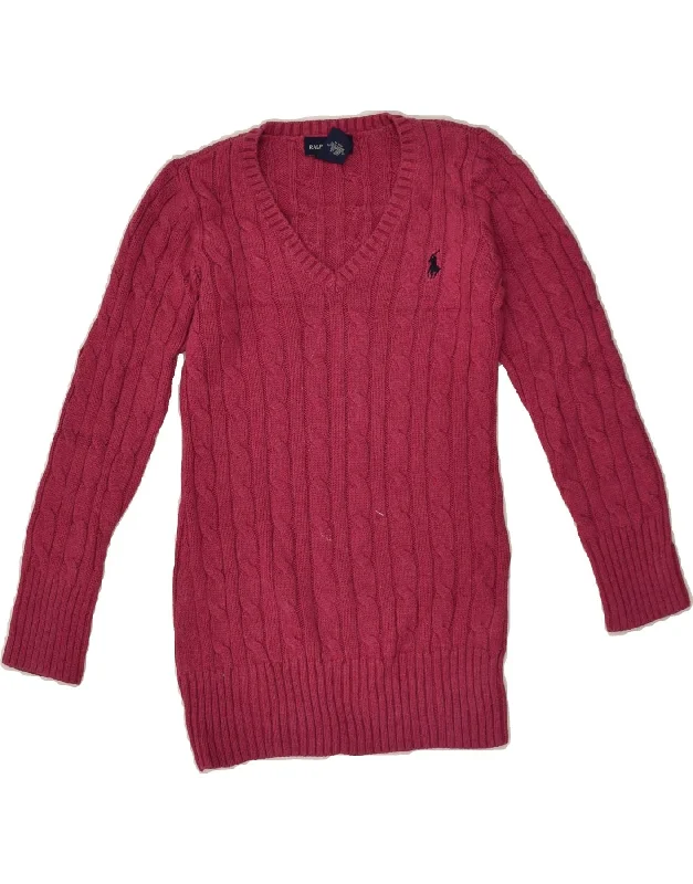 men's stylish sweaters -RALPH LAUREN Girls V-Neck Jumper Sweater 6-7 Years Small Pink Cotton