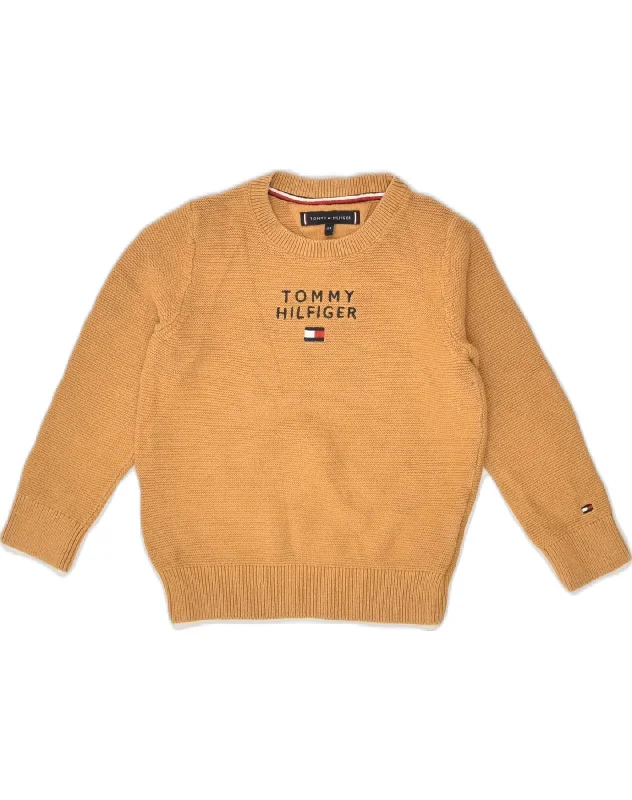 men's premium knit sweaters -TOMMY HILFIGER Boys Graphic Boat Neck Jumper Sweater 3-4 Years Brown