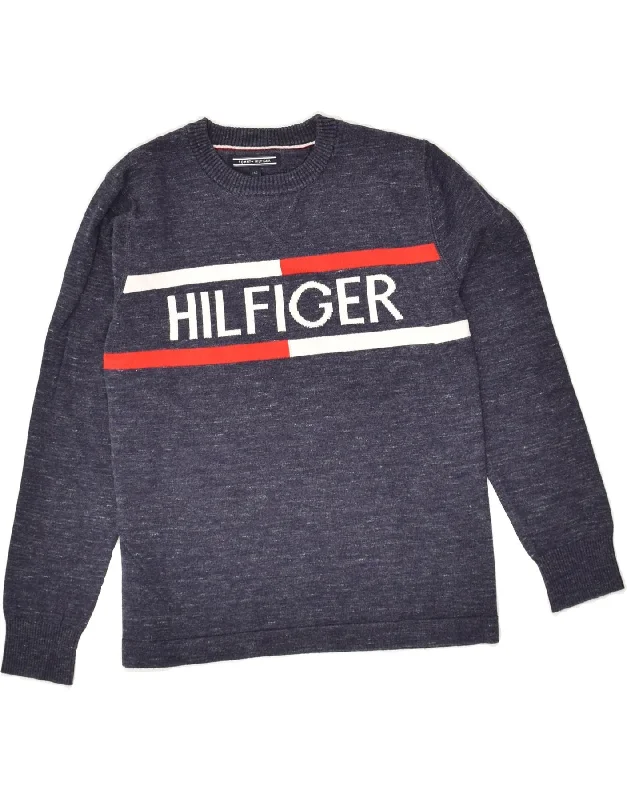 men's fleece sweaters -TOMMY HILFIGER Boys Graphic Crew Neck Jumper Sweater 9-10 Years Navy Blue