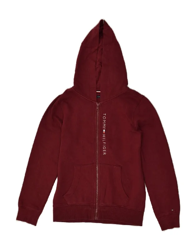 men's breathable cotton sweaters -TOMMY HILFIGER Boys Graphic Zip Hoodie Sweater 11-12 Years Burgundy Cotton