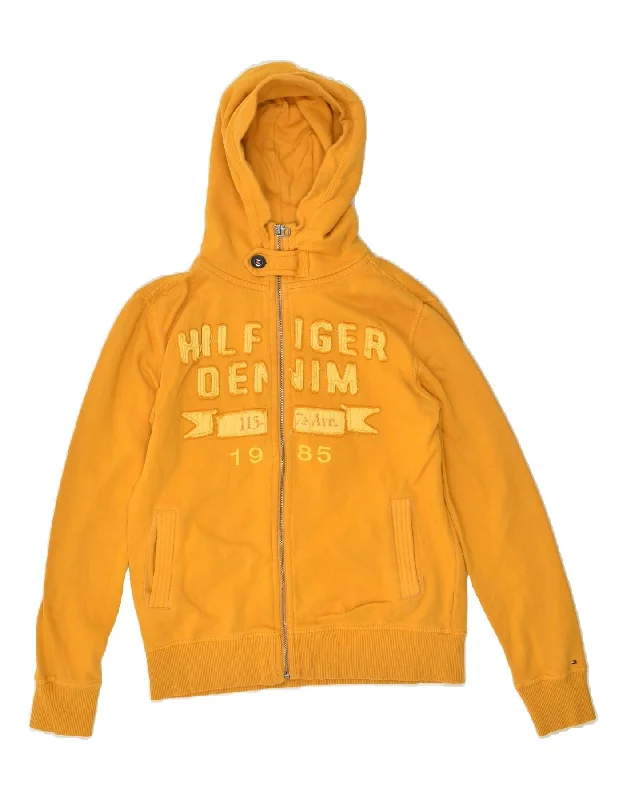 men's cotton sweaters -TOMMY HILFIGER Boys Graphic Zip Hoodie Sweater 13-14 Years Yellow Cotton