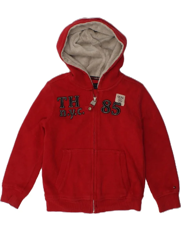 men's winter sweaters -TOMMY HILFIGER Boys Graphic Zip Hoodie Sweater 3-4 Years Red Cotton