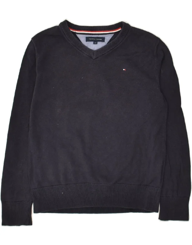 men's oversized sweaters -TOMMY HILFIGER Boys V-Neck Jumper Sweater 10-11 Years Navy Blue Cotton