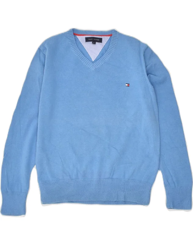 men's cotton sweaters -TOMMY HILFIGER Boys V-Neck Jumper Sweater 7-8 Years Blue Cotton