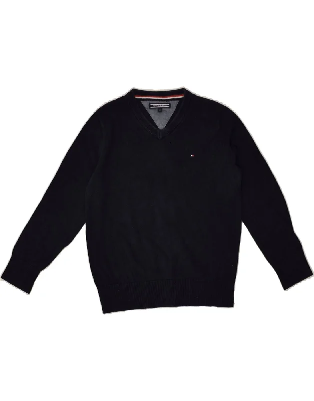 men's turtleneck sweaters -TOMMY HILFIGER Boys V-Neck Jumper Sweater 7-8 Years Navy Blue Cotton