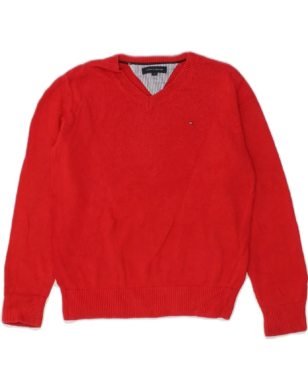 men's everyday knit sweaters -TOMMY HILFIGER Boys V-Neck Jumper Sweater 7-8 Years Red Cotton