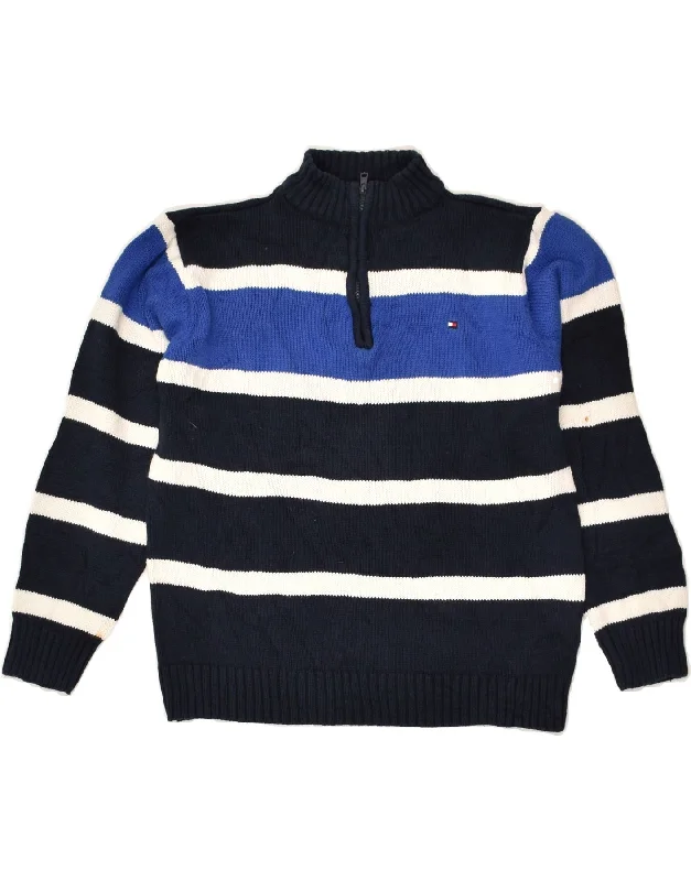 men's warm sweaters for winter -TOMMY HILFIGER Boys Zip Neck Jumper Sweater 6-7 Years Navy Blue Striped