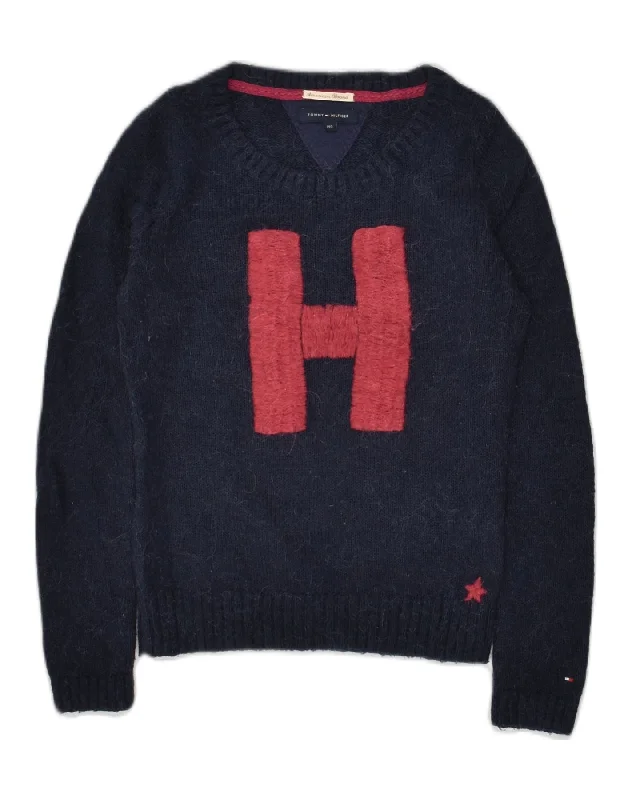 men's ribbed sweaters -TOMMY HILFIGER Girls Graphic Crew Neck Jumper Sweater 9-10 Years Navy Blue