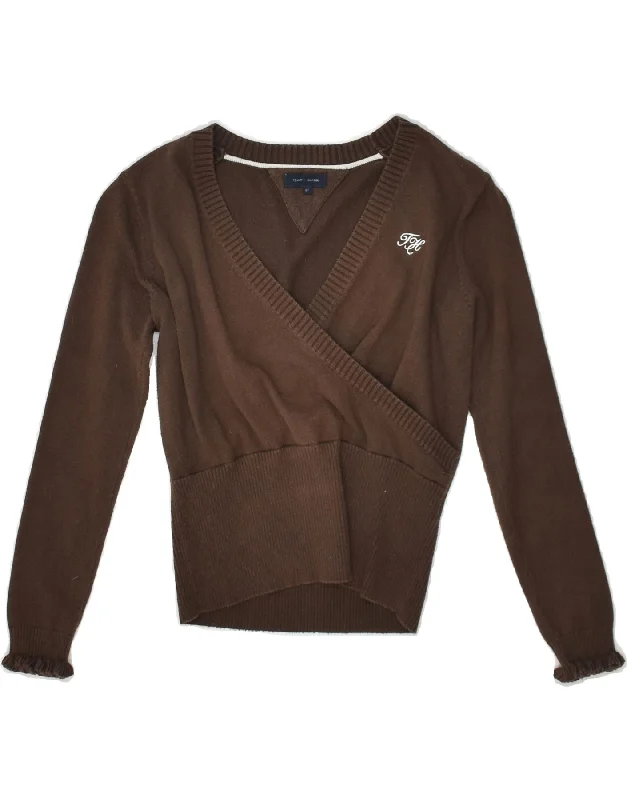 men's slim-fit sweaters -TOMMY HILFIGER Girls V-Neck Jumper Sweater 5-6 Years Brown Cotton