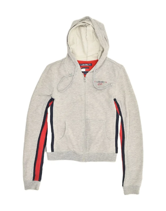 men's turtleneck pullover sweaters -TOMMY HILFIGER Girls Zip Hoodie Sweater 7-8 Years Small Grey Colourblock