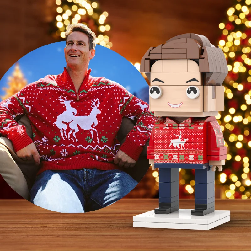 men's v-neck sweaters -Ugly Christmas Sweater Full Body Customizable 1 Person Custom Brick Figures Small Particle Block Toy Brick Me Figures Ugly Sweater Boy