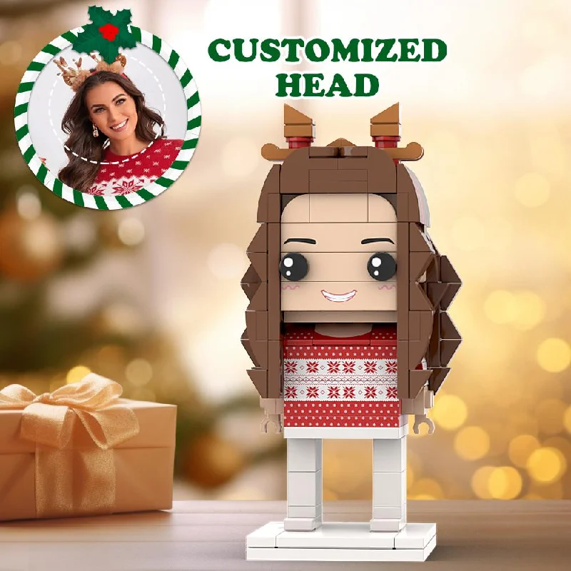 men's crewneck sweaters -Ugly Christmas Sweater White And Red Custom Head Brick Figures Personalized Christmas Girl Brick Figures Small Particle Block Girl