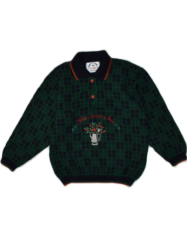 men's comfortable sweaters -VINTAGE Boys Graphic Polo Neck Jumper Sweater 7-8 Years Green Check Wool