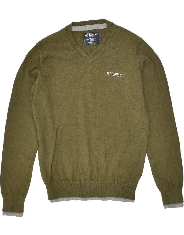 men's textured sweaters -WOOLRICH Boys V-Neck Jumper Sweater 8-9 Years Khaki Cotton