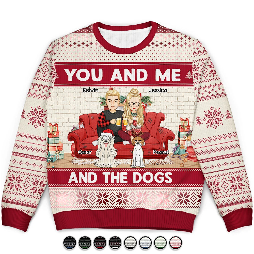 men's luxury sweaters -You And Me And The Dogs Cartoon - Personalized Unisex Ugly Sweater