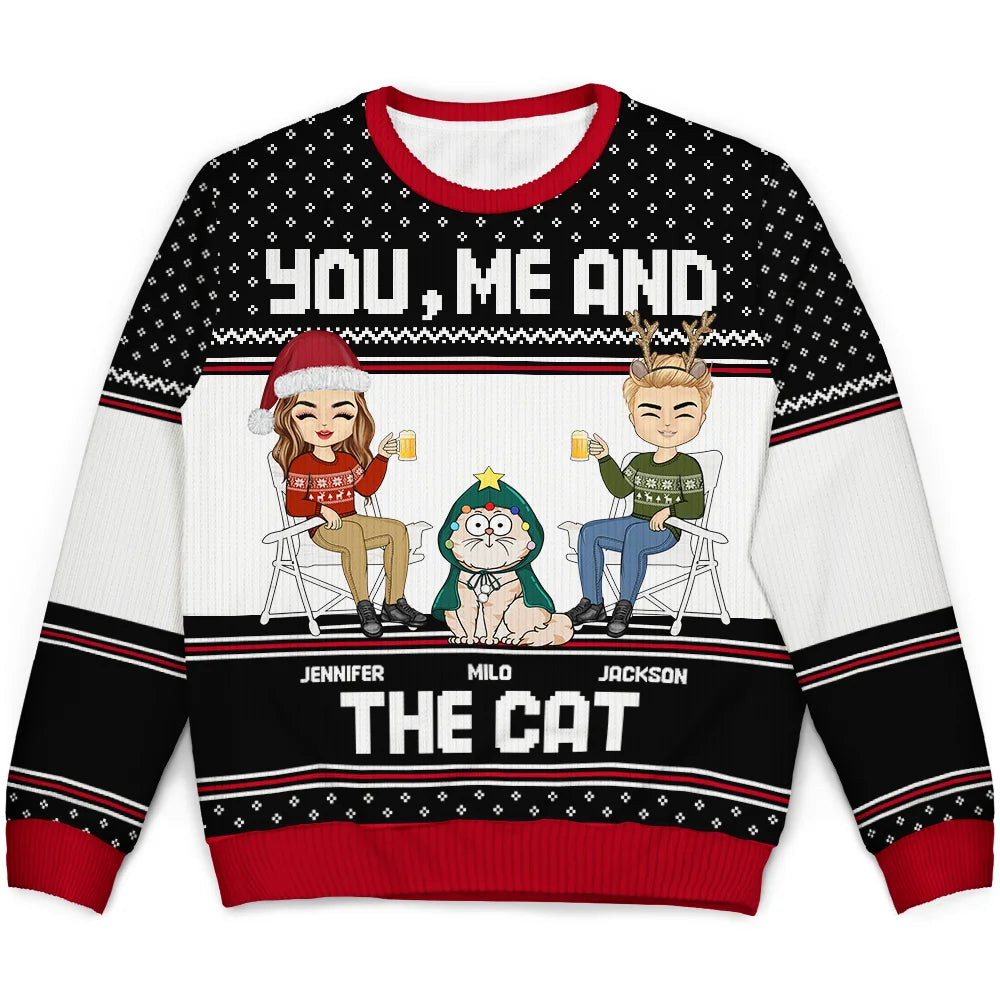 men's colorful sweaters -You, Me And The Cat - Personalized Unisex Ugly Sweater