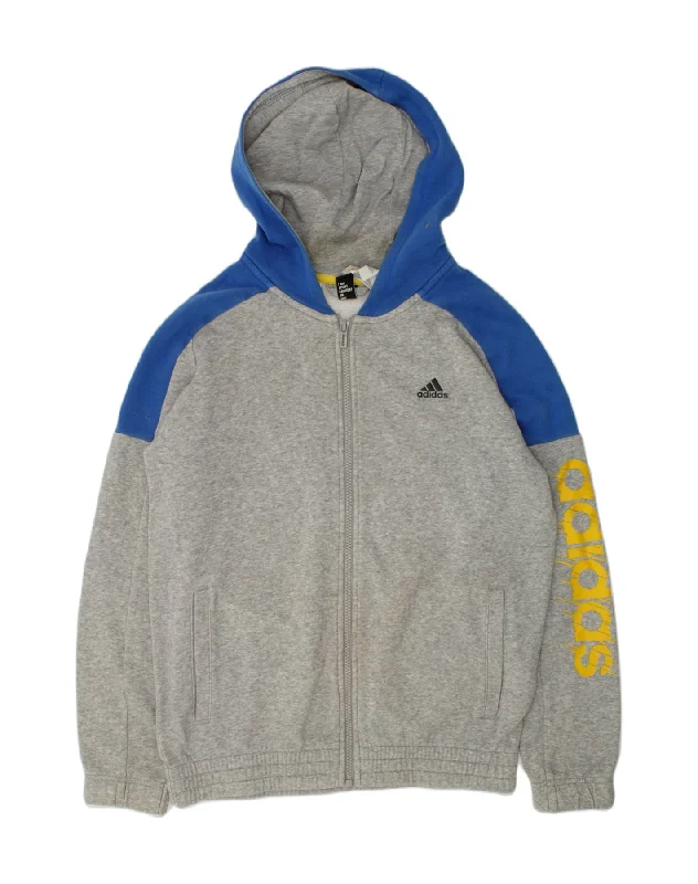 men's soft cashmere sweaters -ADIDAS Boys Graphic Zip Hoodie Sweater 13-14 Years Grey Colourblock Cotton