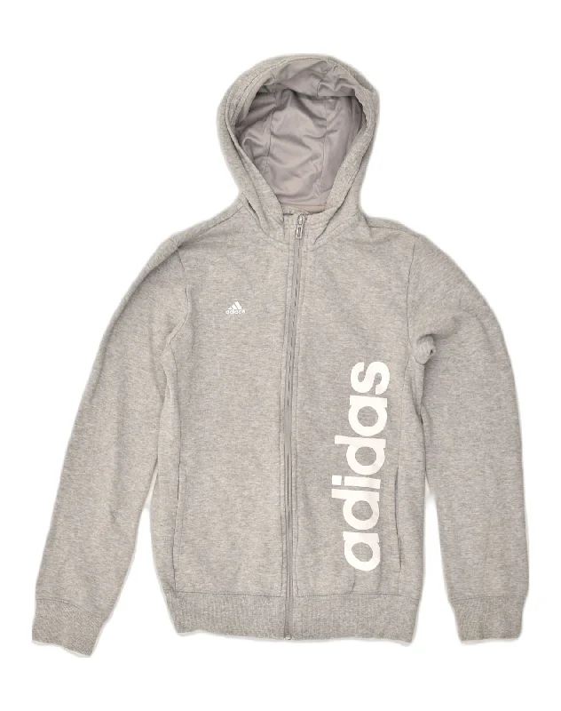 men's soft cashmere sweaters -ADIDAS Boys Graphic Zip Hoodie Sweater 13-14 Years Grey Cotton