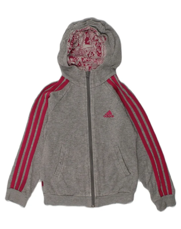 men's casual knit sweaters -ADIDAS Girls Graphic Zip Hoodie Sweater 5-6 Years Grey Cotton