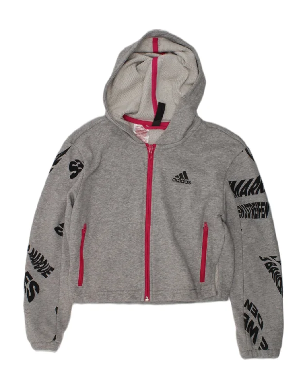 men's breathable cotton sweaters -ADIDAS Girls Graphic Zip Hoodie Sweater 9-10 Years Grey Cotton