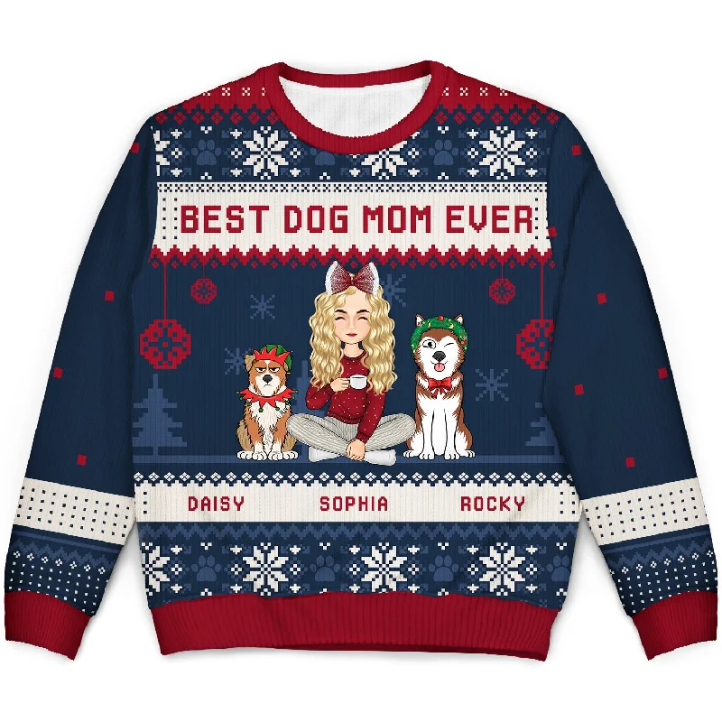 men's formal wool sweaters -Best Dog Mom Ever Cartoon Style - Christmas Gift For Dog Lovers - Personalized Unisex Ugly Sweater