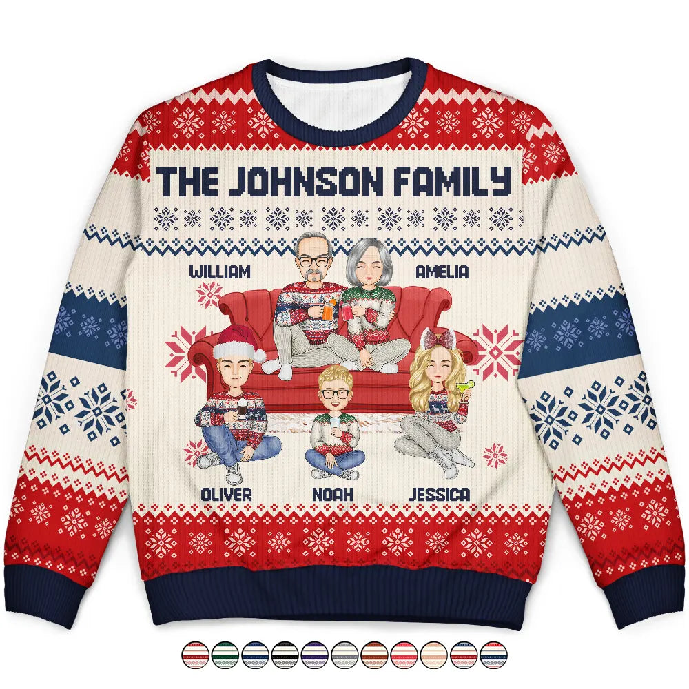 men's cashmere sweaters -Cartoon Senior Couple With Children - Personalized Unisex Ugly Sweater