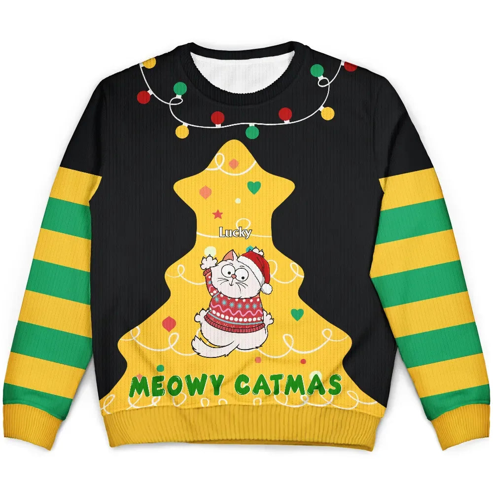 men's casual sweater cardigans -Cat Climbing Christmas Tree - Personalized Unisex Ugly Sweater