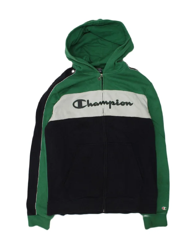 men's cardigan sweaters -CHAMPION Boys Graphic Zip Hoodie Sweater 15-16 Years 2XL Green Colourblock