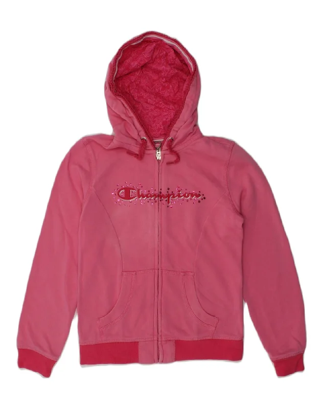 men's sweater for layering -CHAMPION Girls Graphic Zip Hoodie Sweater 7-8 Years Small Pink Cotton