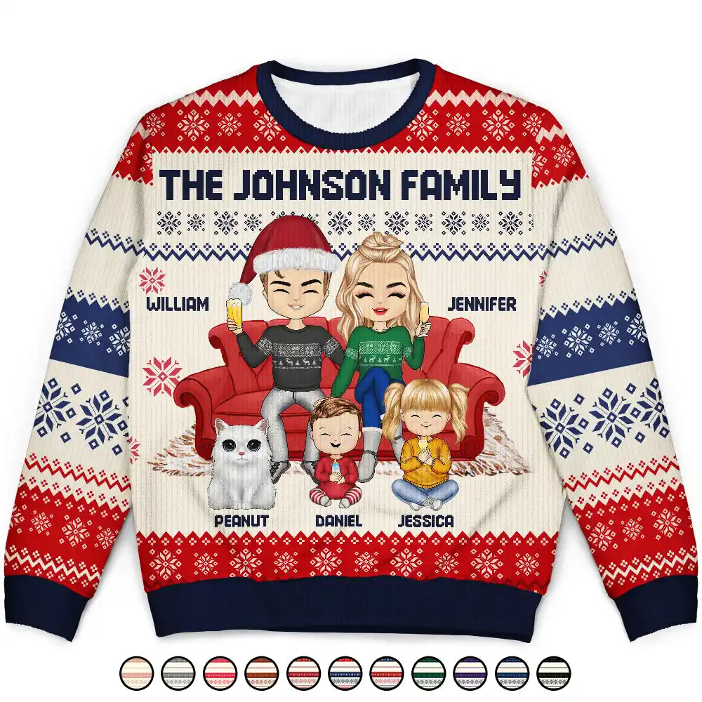 men's winter sweaters -Chibi Couple With Kids And Pets - Personalized Unisex Ugly Sweater