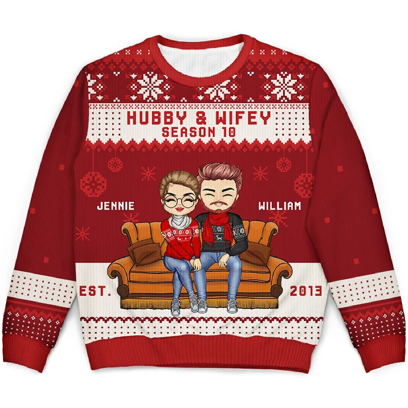 men's lightweight knitted sweaters -Christmas Couple Hubby & Wifey Season - Gift For Couples - Personalized Unisex Ugly Sweater