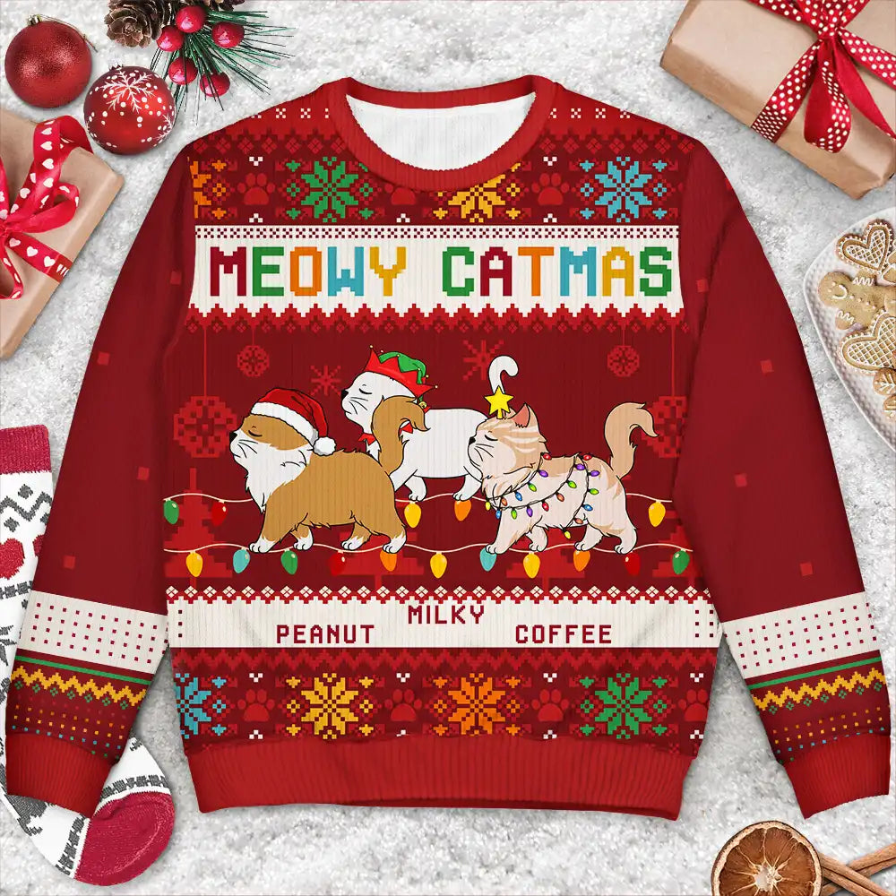 men's stylish sweaters -Christmas Funny Walking Cats Meowy Catmas Happy Pawlidays - Personalized Unisex Ugly Sweater