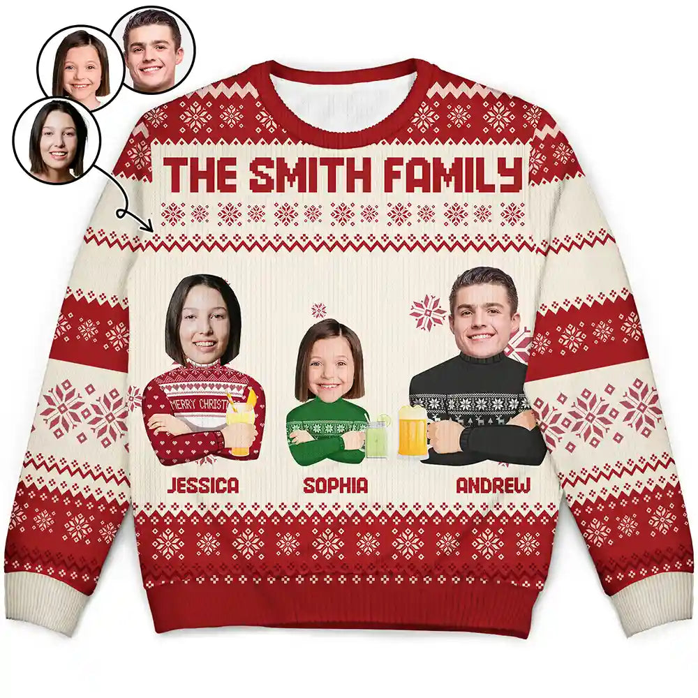 men's comfortable wool sweaters -Custom Photo Face Flat Art Christmas Family - Personalized Unisex Ugly Sweater