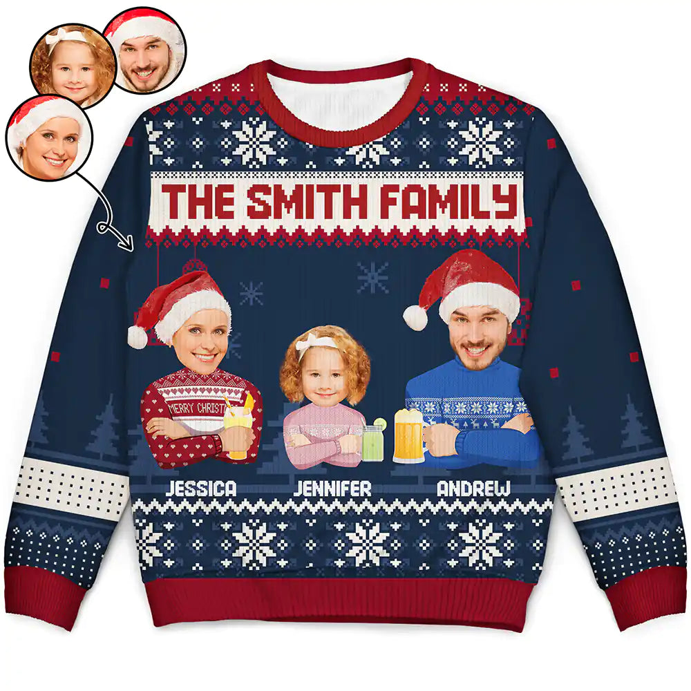 men's luxury sweaters -Custom Photo Face Flat Art Christmas Family Version 2 - Personalized Unisex Ugly Sweater