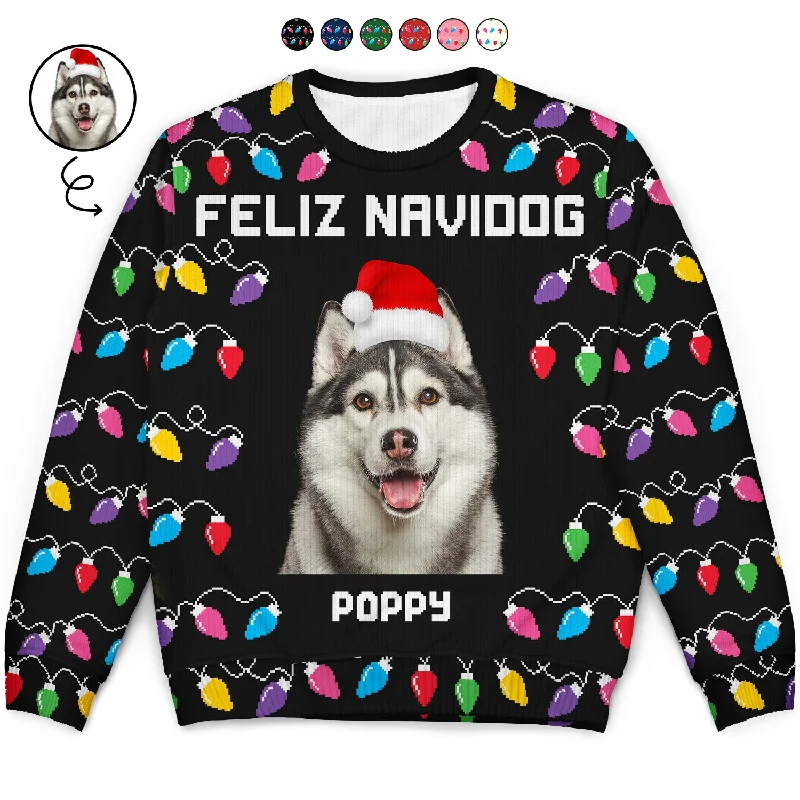 men's wool-blend sweaters -Custom Photo Feliz Navidog Lights - Christmas Gift For Dog Lovers, Cat Lovers - Personalized Unisex Ugly Sweater