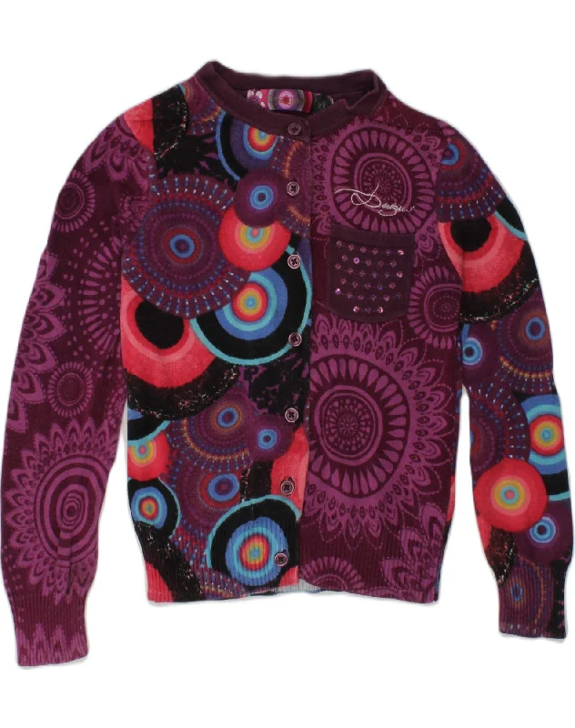 men's casual knit sweaters -DESIGUAL Girls Graphic Cardigan Sweater 5-6 Years Purple Spotted Cotton