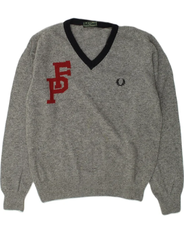 men's thick wool sweaters -FRED PERRY Boys Graphic V-Neck Jumper Sweater 9-10 Years Grey Wool